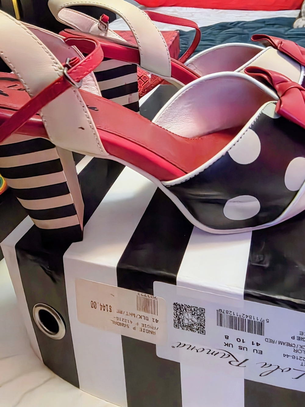 Jeffrey Campbell Black & White Polka Dot Peep-Toe Block Heels with Red Accents